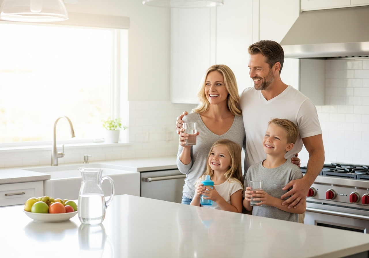 A family enjoying drinking water together in their kitchen