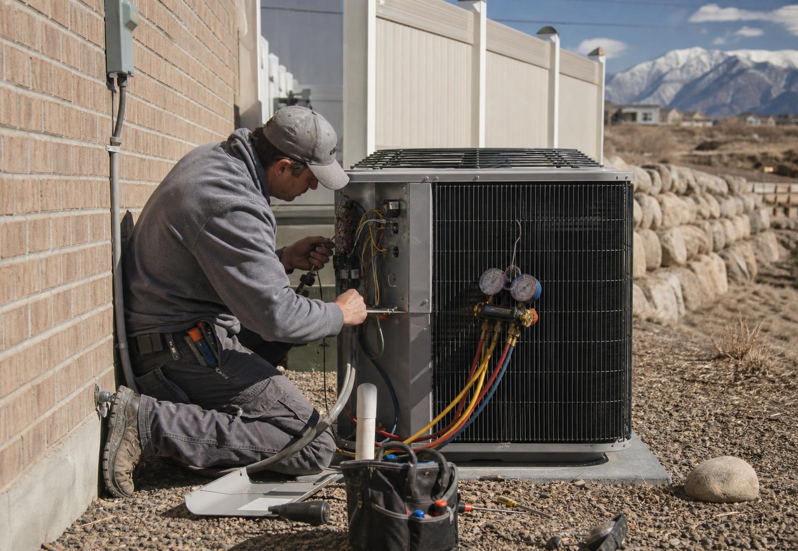 Utah Premier HVAC technician servicing an outdoor AC condenser